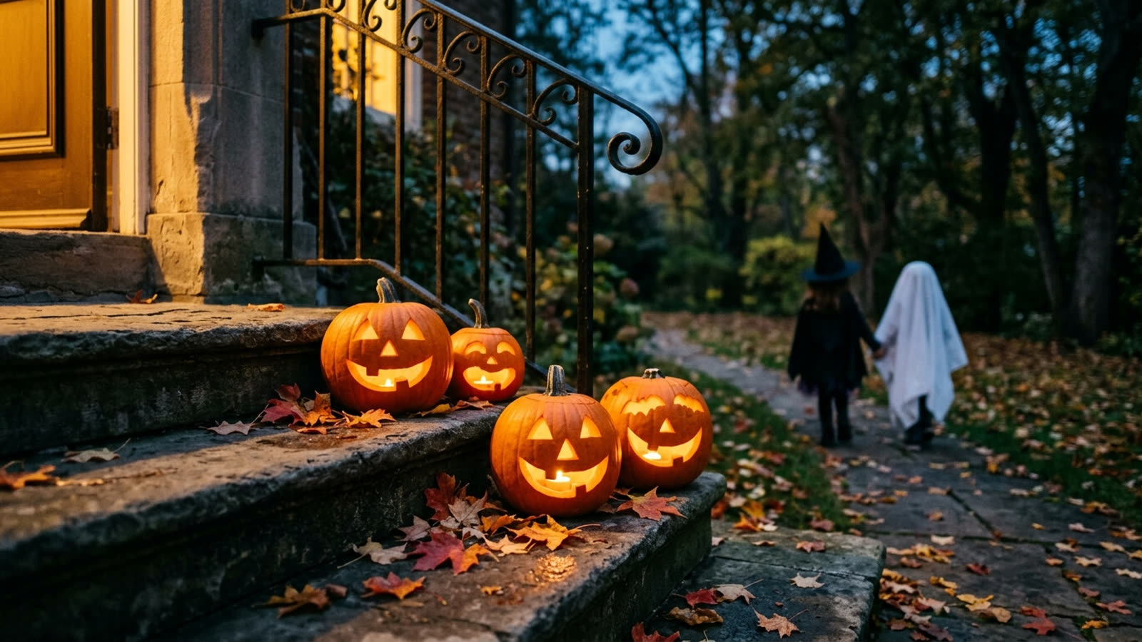 Carved jack-o'-lanterns glowing on a leaf-covered path as costumed children walk by at dusk