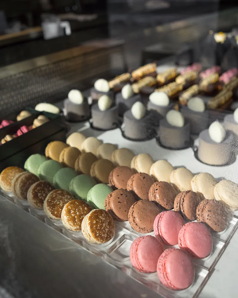 Patisserie Fleur colourful macaron display in pastel rows