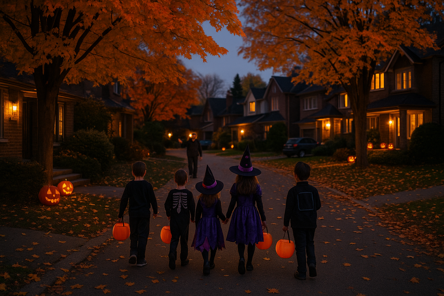 Halloween night scene in North York showing decorated houses and trick-or-treaters