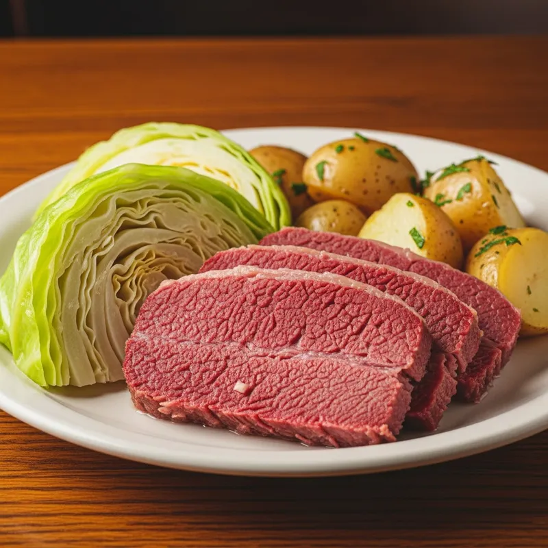 Traditional corned beef and cabbage dinner plate