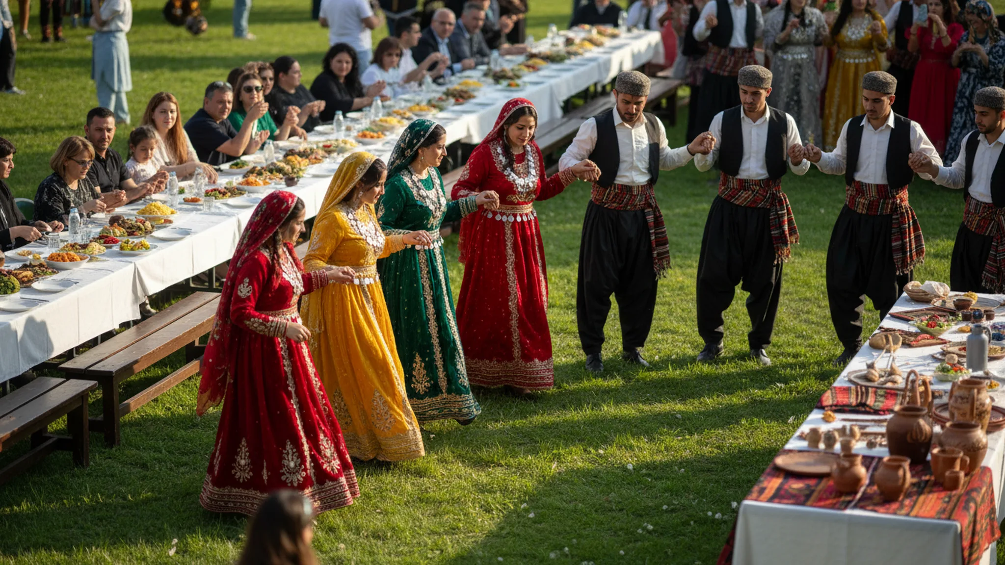 Dancers in traditional Kurdish dress holding hands in a line dance on grass beside long tables of shared food
