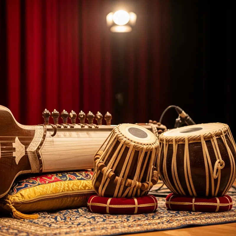 Sarod and tabla Indian classical instruments on a concert stage