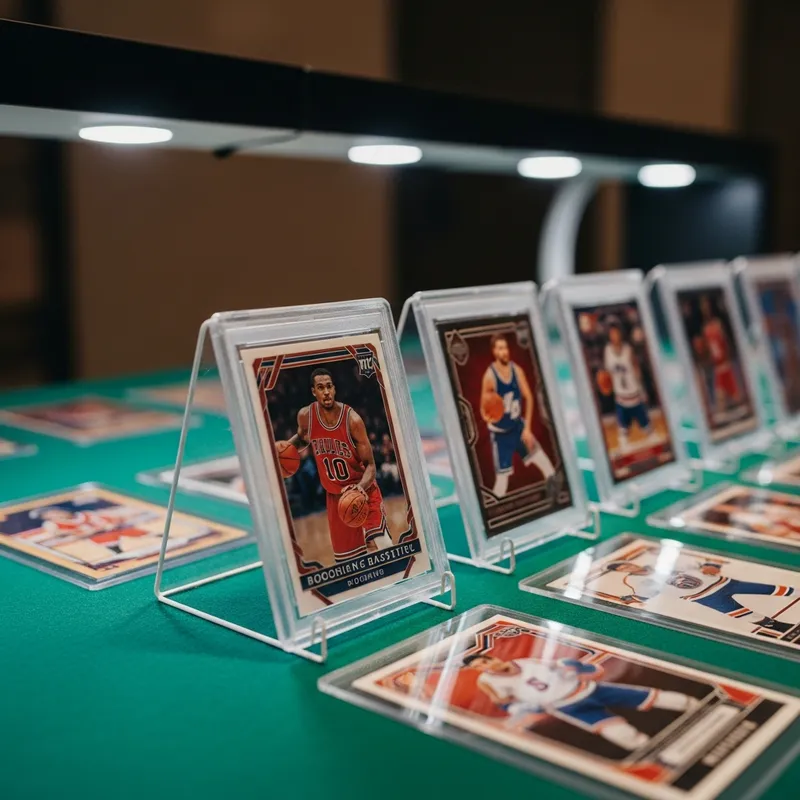 Sports trading cards fanned across a felt table at a collector's show