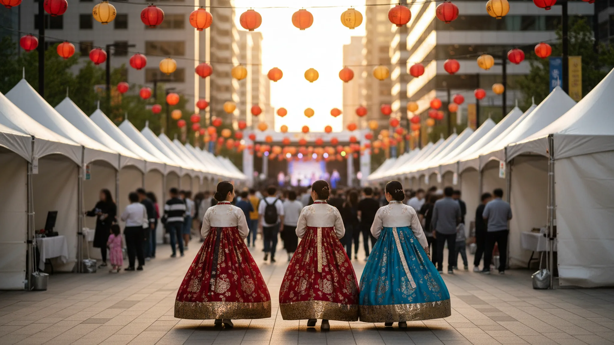 Visitors in traditional hanbok walking through a Korean street festival lined with white food tents under strings of paper lanterns