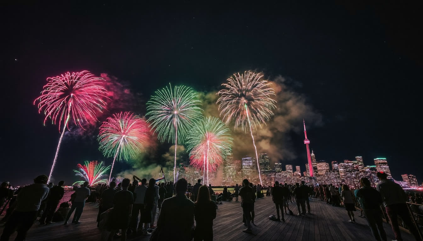 Victoria Day fireworks lighting up the Toronto skyline over Ashbridges Bay