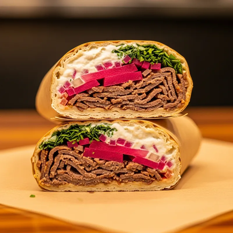 Alpha's Shawarma beef shawarma pita wrap cut in half showing shaved beef, garlic toum, and pickled turnips