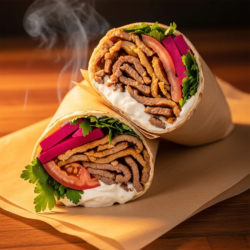 Flaming Stove beef shawarma wrap cut in half showing meat garlic toum and pickled turnips