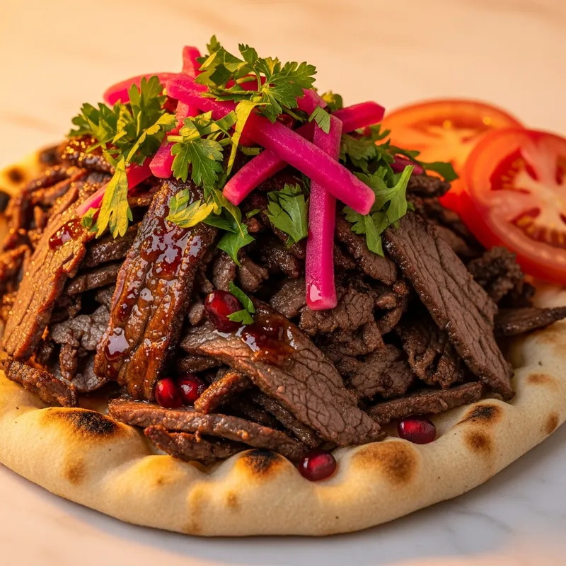 Shawarma Royale Syrian beef shawarma on saj flatbread with pomegranate glaze, pickled turnips, and herbs