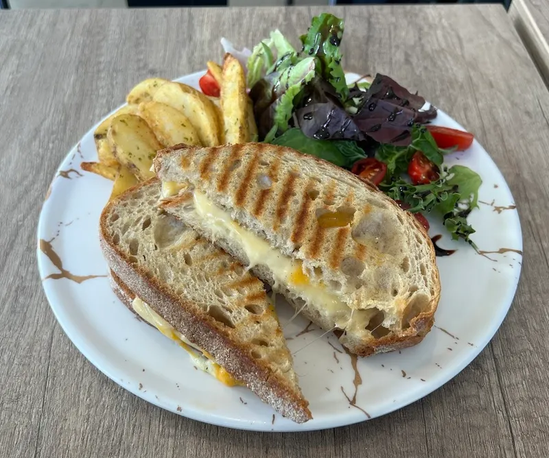 Grilled panini with salad at Haven Brews, North York