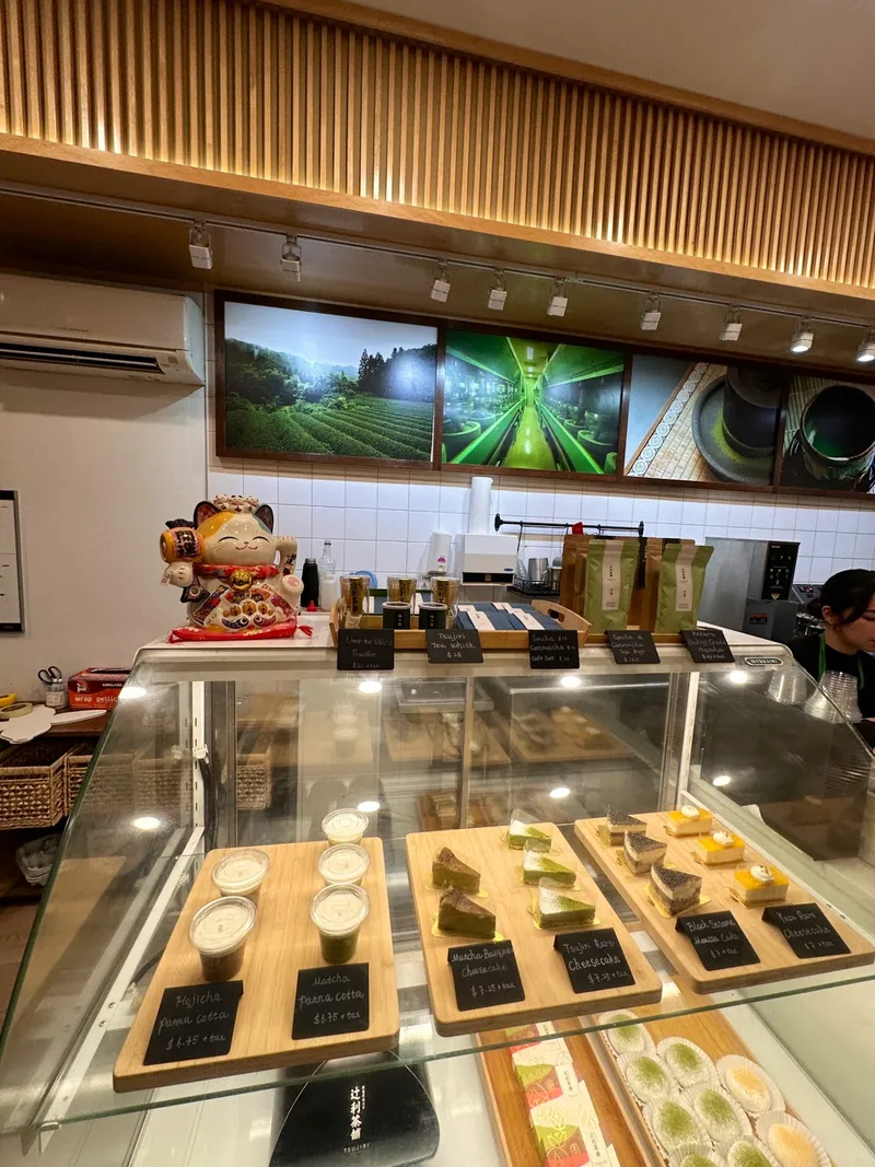 Tsujiri matcha latte and wobbly matcha pancakes