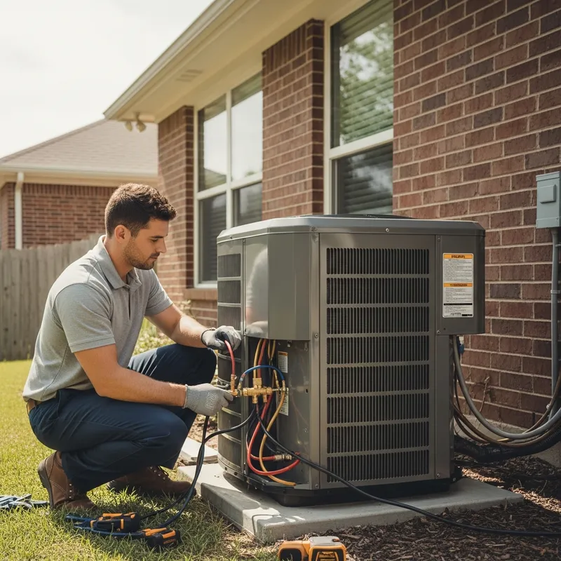 HVAC technician installing a central air conditioning unit