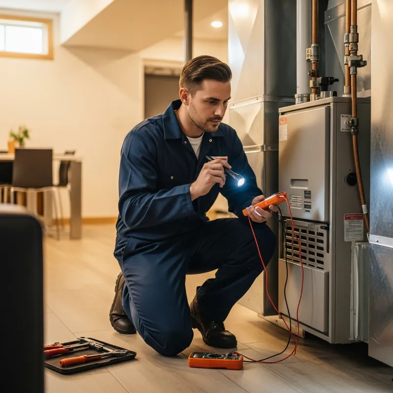HVAC technician inspecting a residential furnace