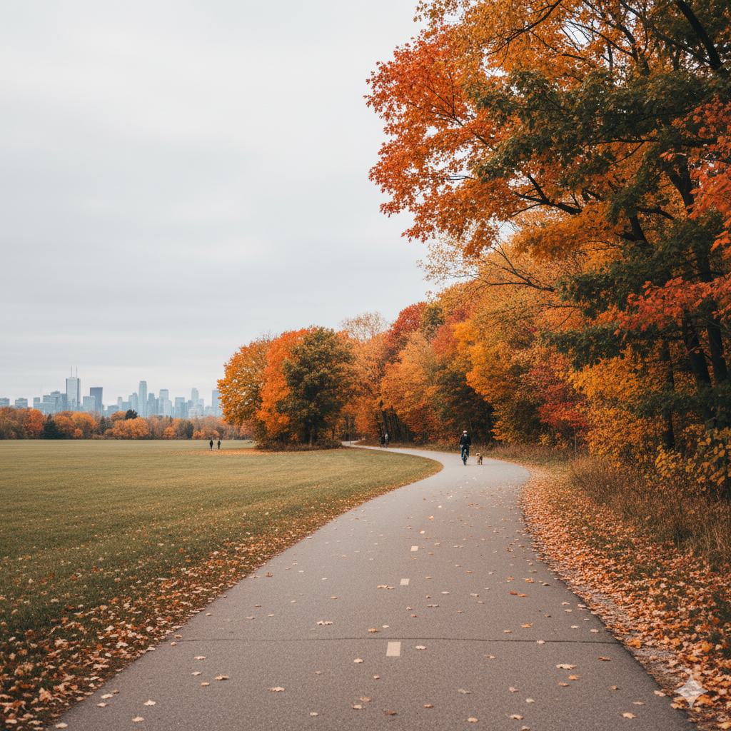 Downsview Park circuit path with vibrant fall foliage and autumn trees in North York Toronto