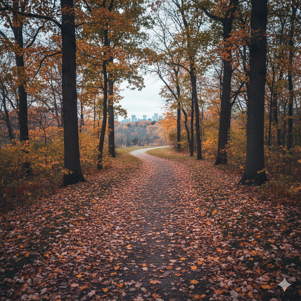 Earl Bales Park forest trail with golden fall foliage and autumn colours in North York