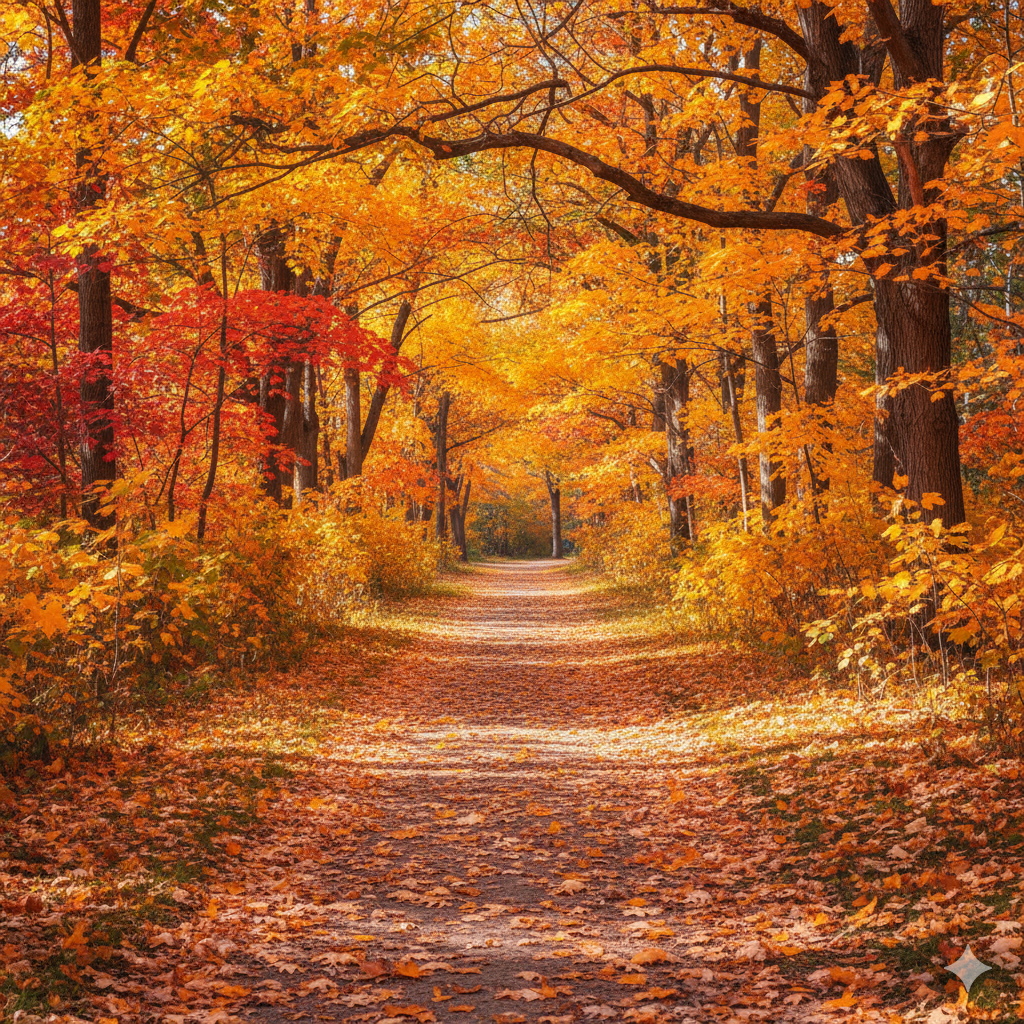Don Valley trail in North York during peak fall colours with yellow and red leaves