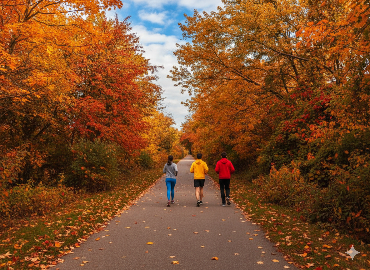 Don Mills Trail Leaside Spur paved path with fall foliage and autumn trees in North York Toronto