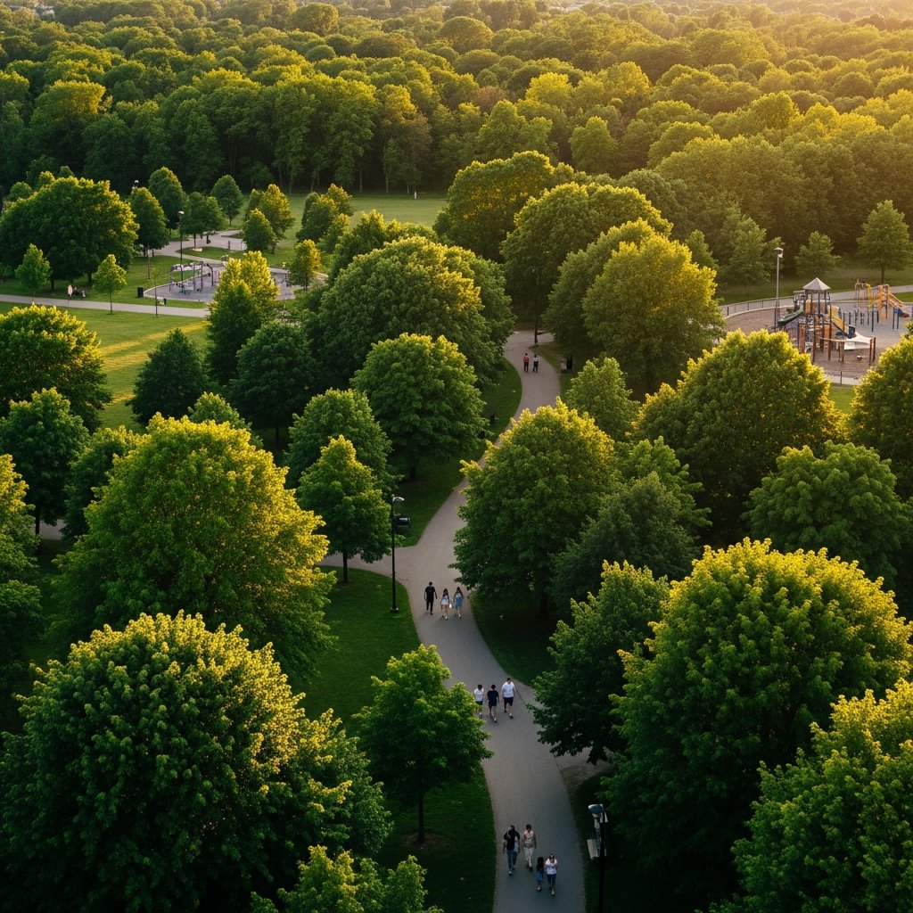 Aerial view of a lush green North York park with winding trails and trees
